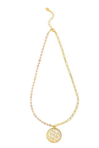 Pearl & Chain Medallion Drop Necklace