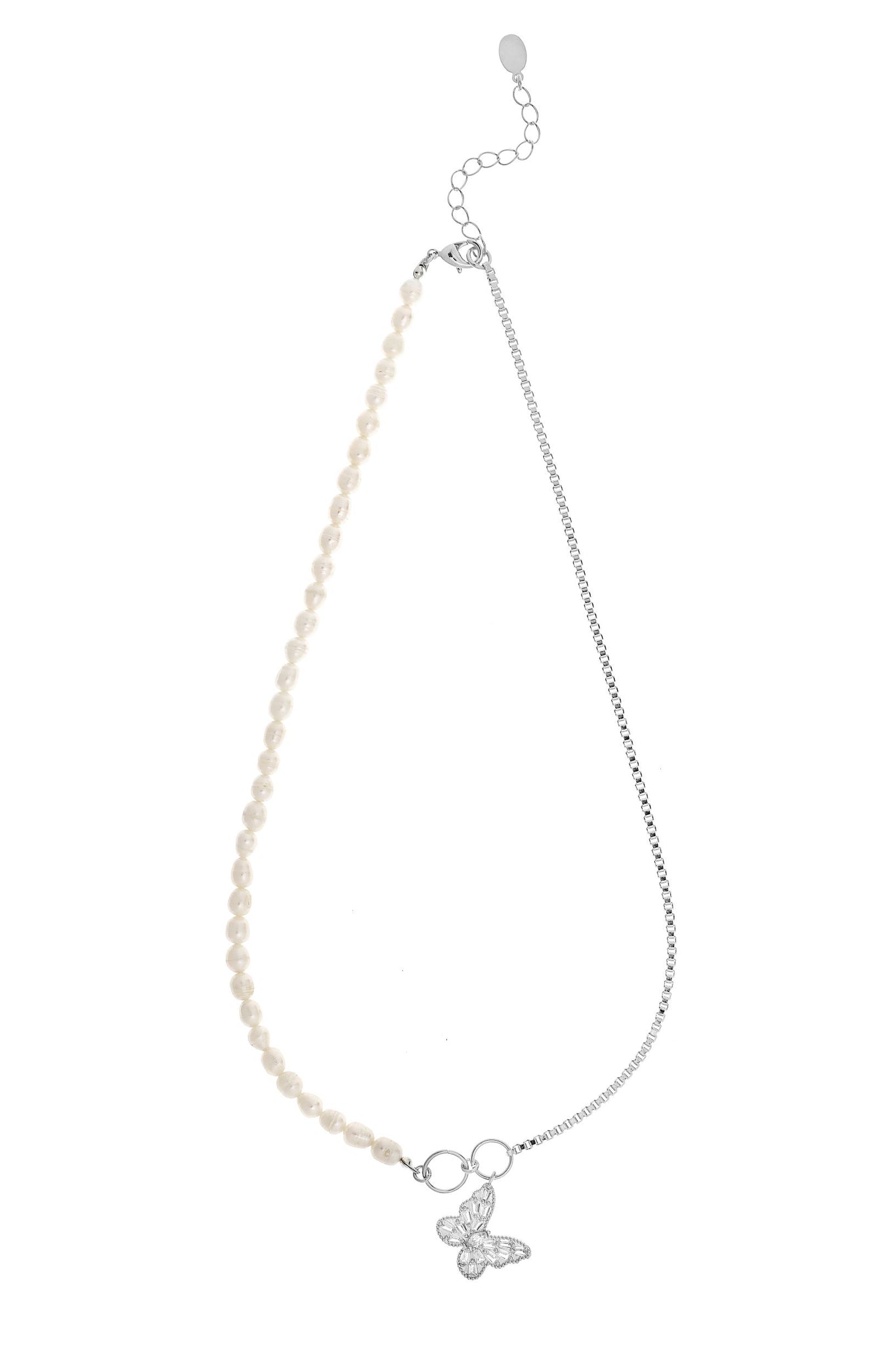 Rhodium Pearl & Chain Necklace with Butterfly CZ Charm