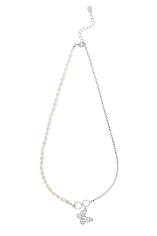 Rhodium Pearl & Chain Necklace with Butterfly CZ Charm