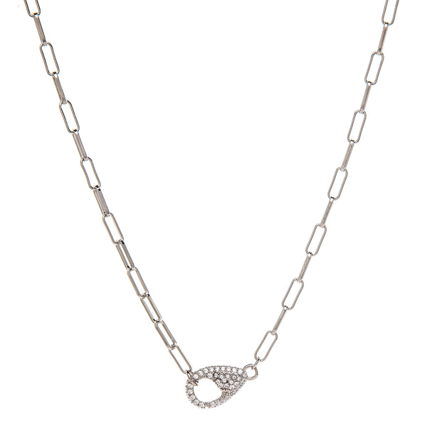 White Rhodium Pave Cubic Zirconia Lobster Clasp Necklace on Paper Clip Chain