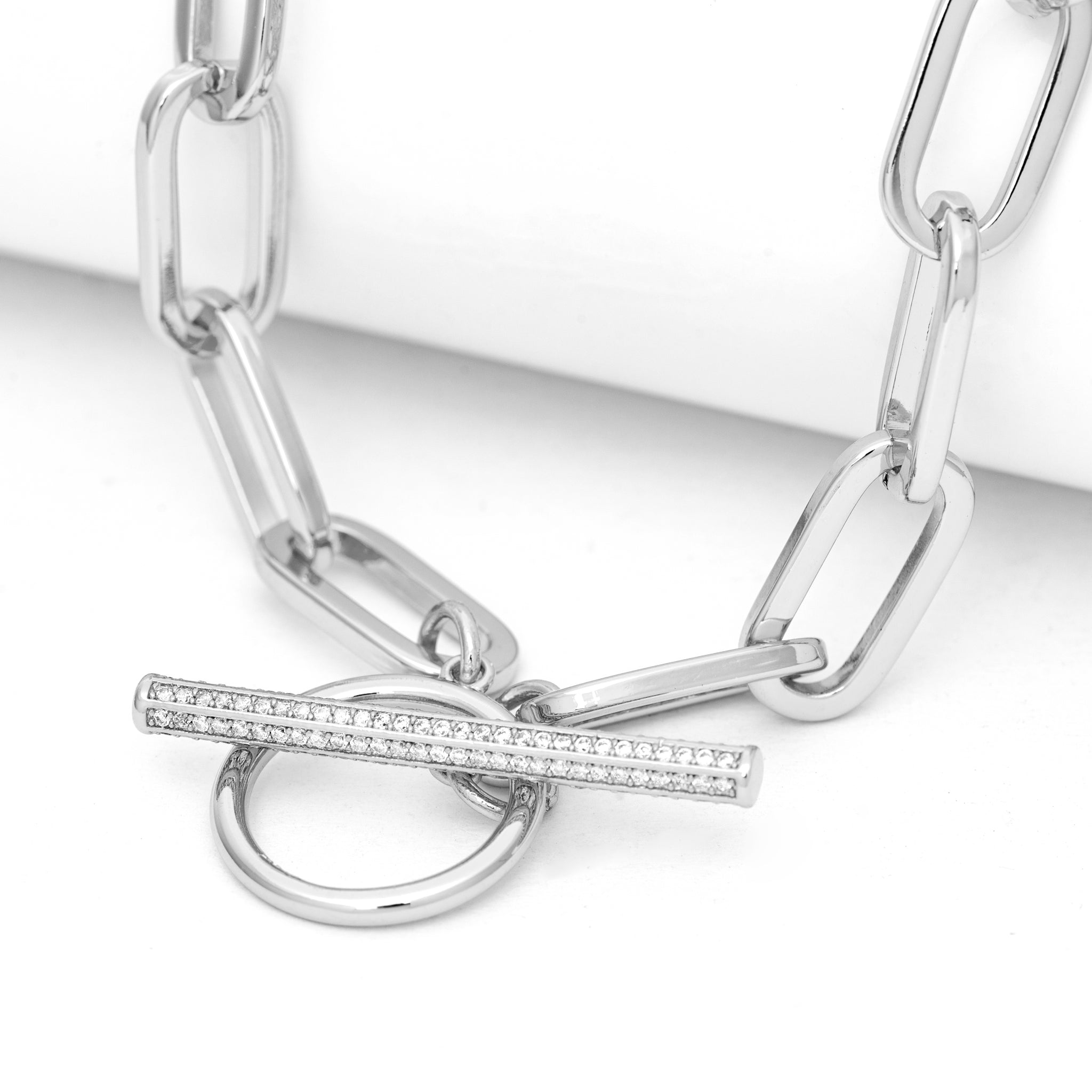 Rhodium Paper Clip Chain + Cubic Zirconia Toggle Necklace