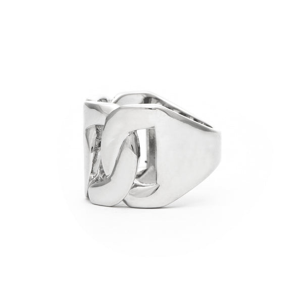White Rhodium Clad Solid Curb Link Chain Motif Polished Ring