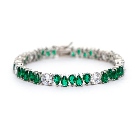 White Rhodium Clad Oval Emerald + Cubic Zirconia Line Bracelet