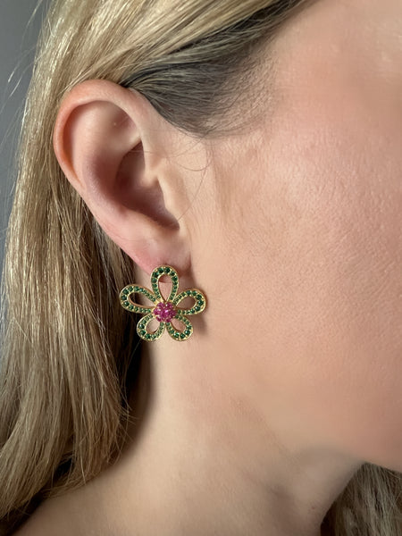 Emerald + Blush Crystal Floral Earrings