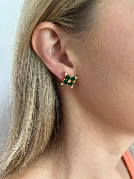Emerald Crystal Square Cluster Stud Earrings