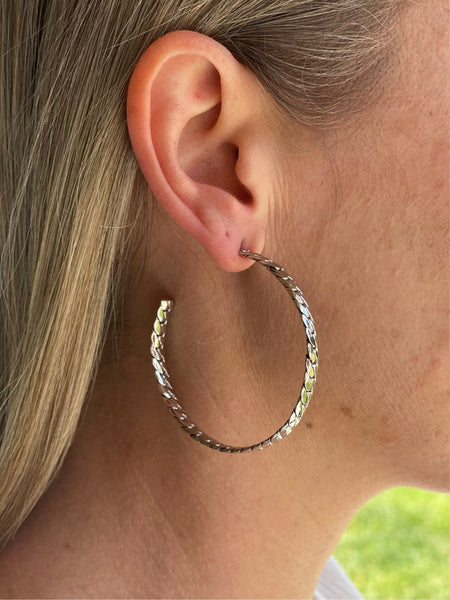 Rhodium Polished Link Hoop Earrings