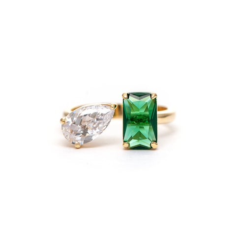 Emerald Crystal + Cubic Zirconia Open Band Ring