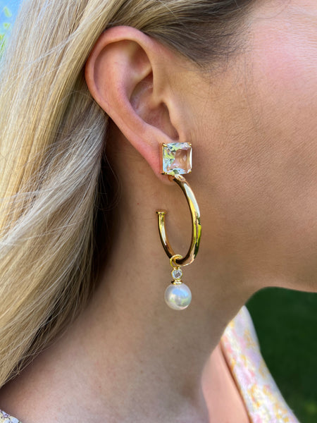 Cubic Zirconia Top + Pearl Dangle Hoop Earrings